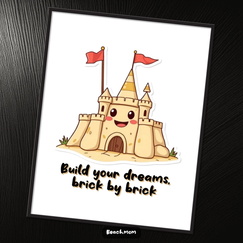 Funny Free Printable Wall Art: Sandcastle with a grinning face waving a flag, looking cheerful. Hilarious downloadable decor.