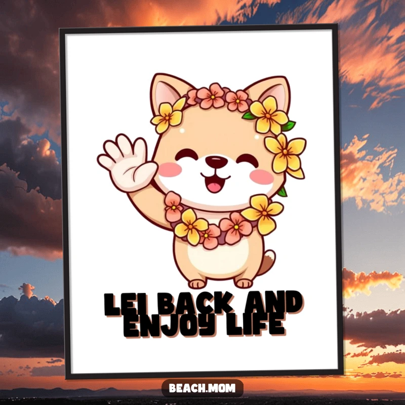 Funny Free Printable wall art of an animal character in a flower lei waving a friendly greeting, radiating happy vibes.