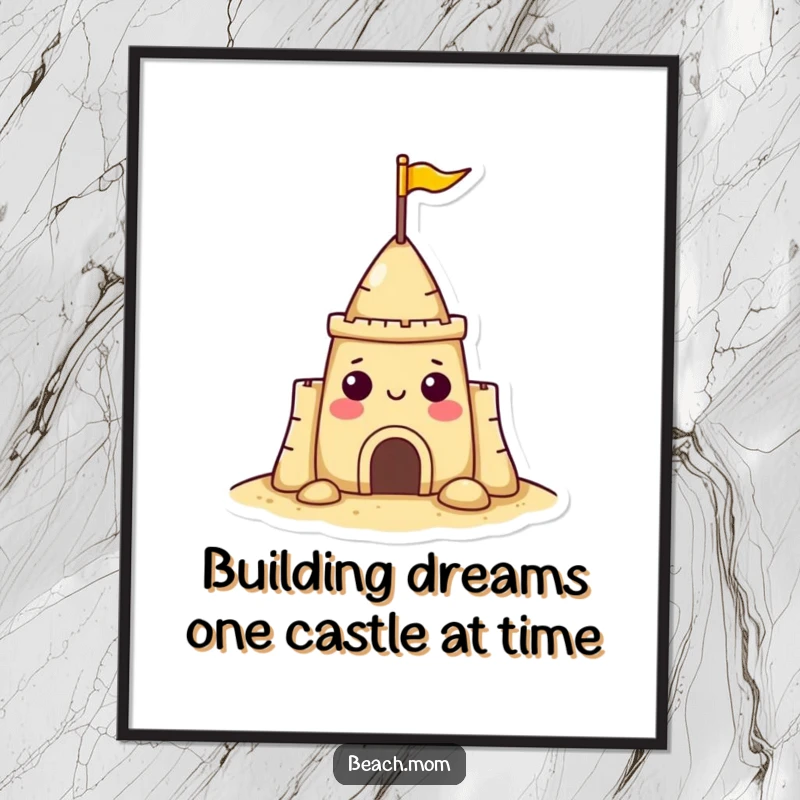 Funny Free Printable Wall Art: A cheerful sandcastle character with a tiny flag waving, bringing sunny vibes.