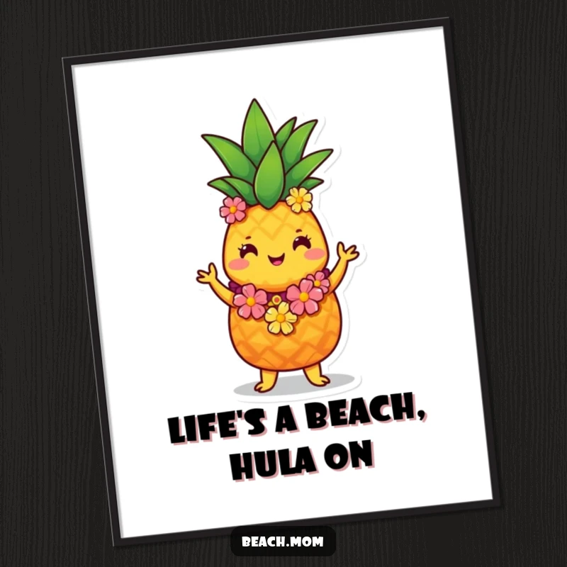 Funny Free Printable Wall Art: A cute pineapple character in a lei, energetically performing a hula dance.