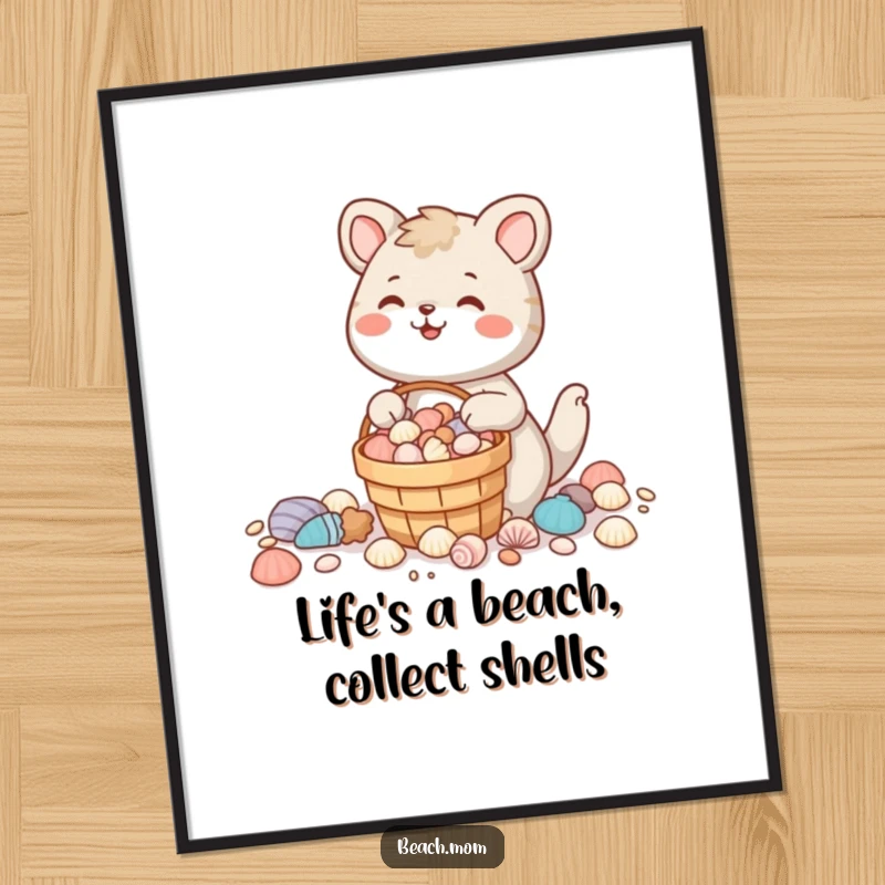 Funny Free Printable wall art of an animal character smiling with a full bucket of seashells, evoking coastal happiness.