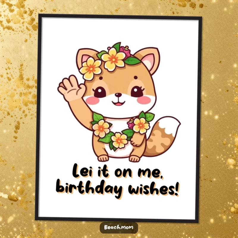 Funny Free Printable Wall Art: Cute animal wearing a colorful flower lei, waving a friendly greeting. Tropical downloadable art.