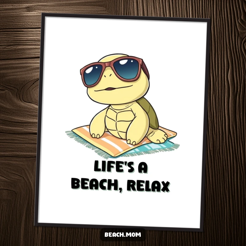 Funny Free Printable Wall Art of a turtle in sunglasses lounging on a towel, radiating pure relaxation and cool.