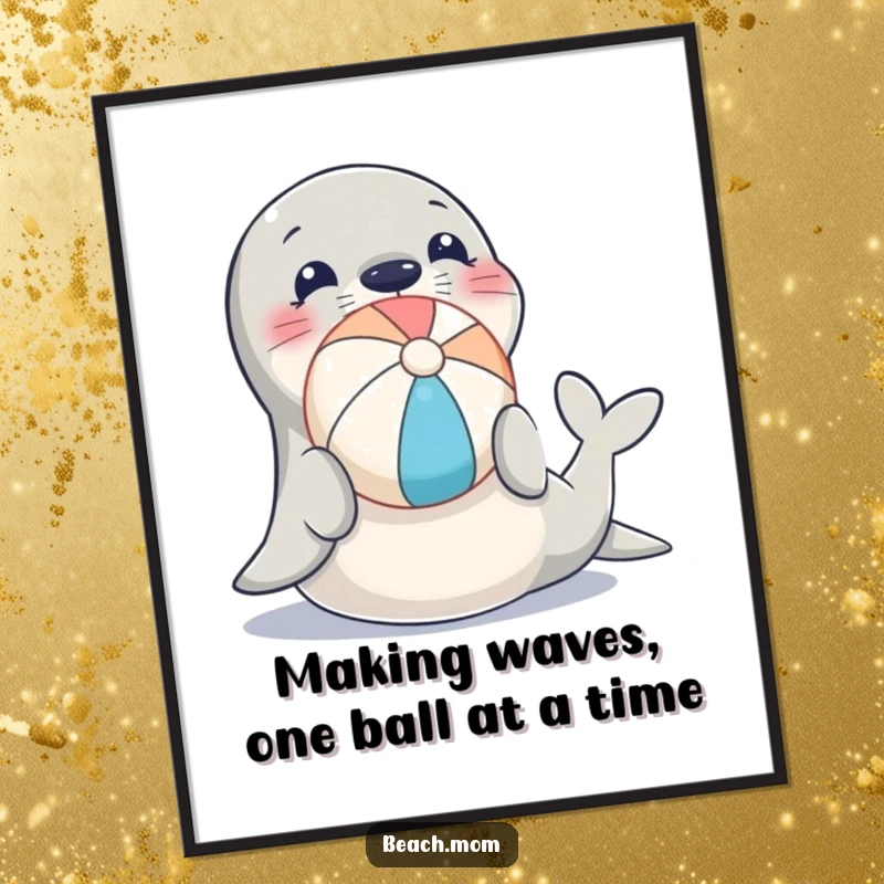 Funny Free Printable Wall Art: A cheerful seal balances a beach ball perfectly on its nose, creating a whimsical decor piece.