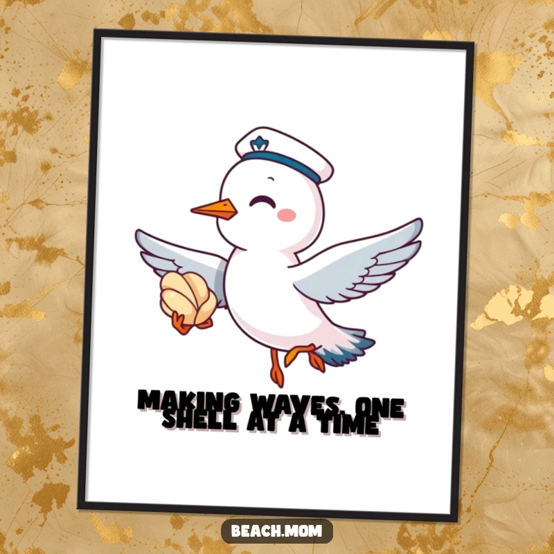 Funny Free Printable Wall Art: A giggling seagull in a sailor cap flies with a seashell, bringing nautical humor.