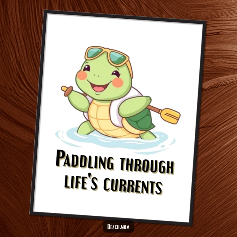 Funny Free Printable Wall Art: Joyful turtle wearing a tiny floatie, paddling with great enthusiasm.