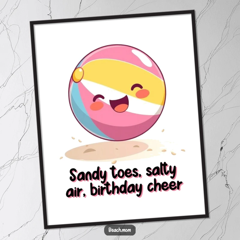 Funny Free Printable Wall Art: A hyperactive beach ball caught in a joyful bounce on a sun-drenched sandy beach.