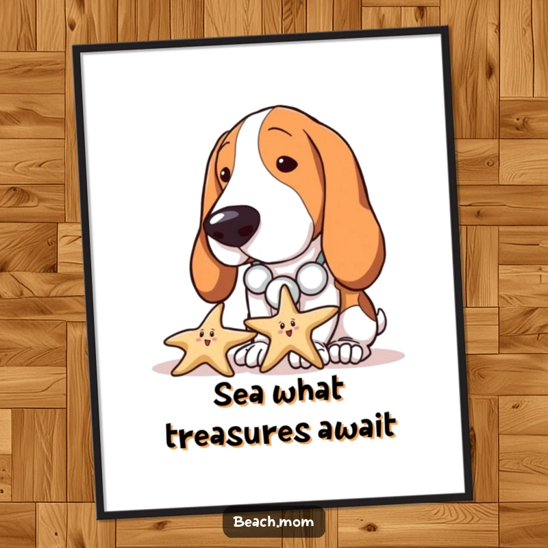 Funny Free Printable Wall Art: Basset Hound with seashell necklace curiously inspecting a starfish on the beach