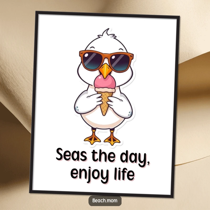 Funny Free Printable Wall Art: A seagull wearing sunglasses, enjoying an ice cream cone with style.