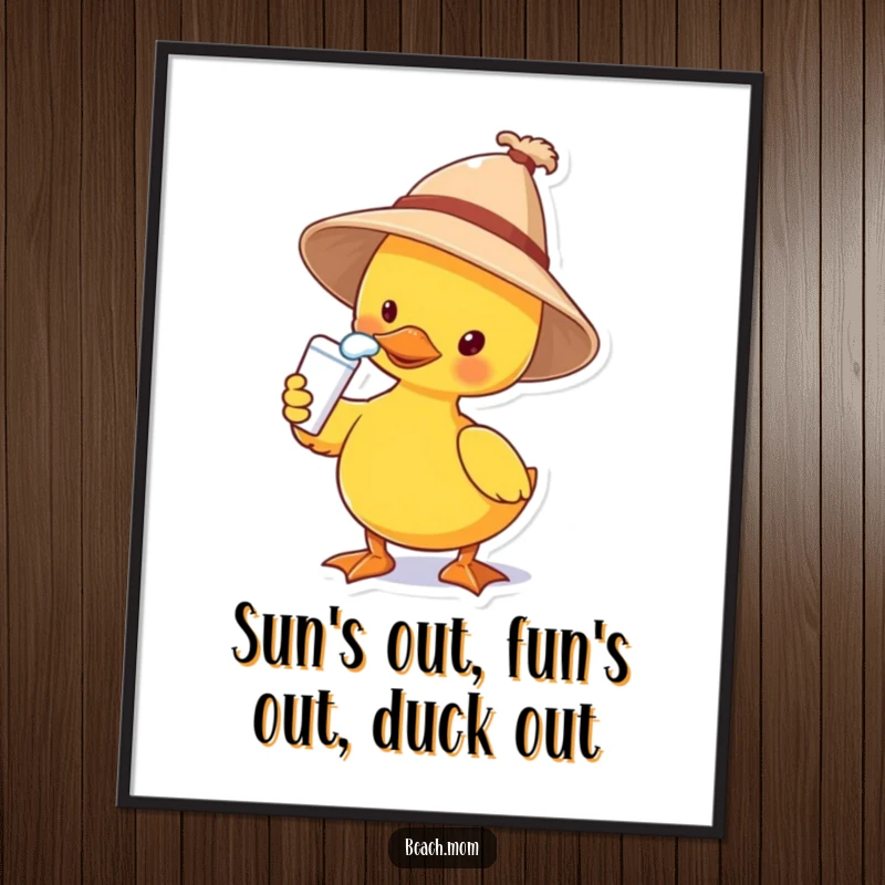 Funny Free Printable Wall Art: A duck in a sun hat diligently applies sunscreen to its nose, embracing the beach life.