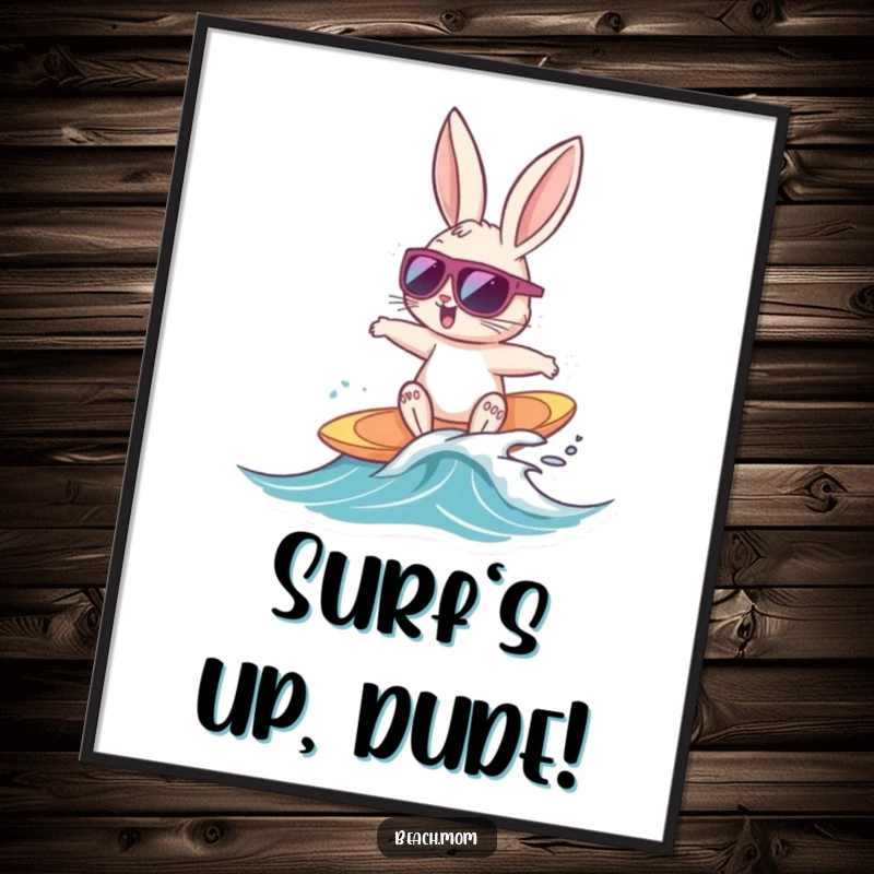 Funny Free Printable Wall Art: Bunny wearing sunglasses happily surfing a tiny wave, cool animal-themed decor.