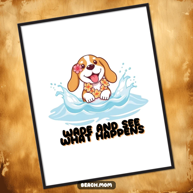 Funny Free Printable Wall Art: Basset Hound wearing a flower lei joyfully splashing in gentle ocean waves, beachy vibes.