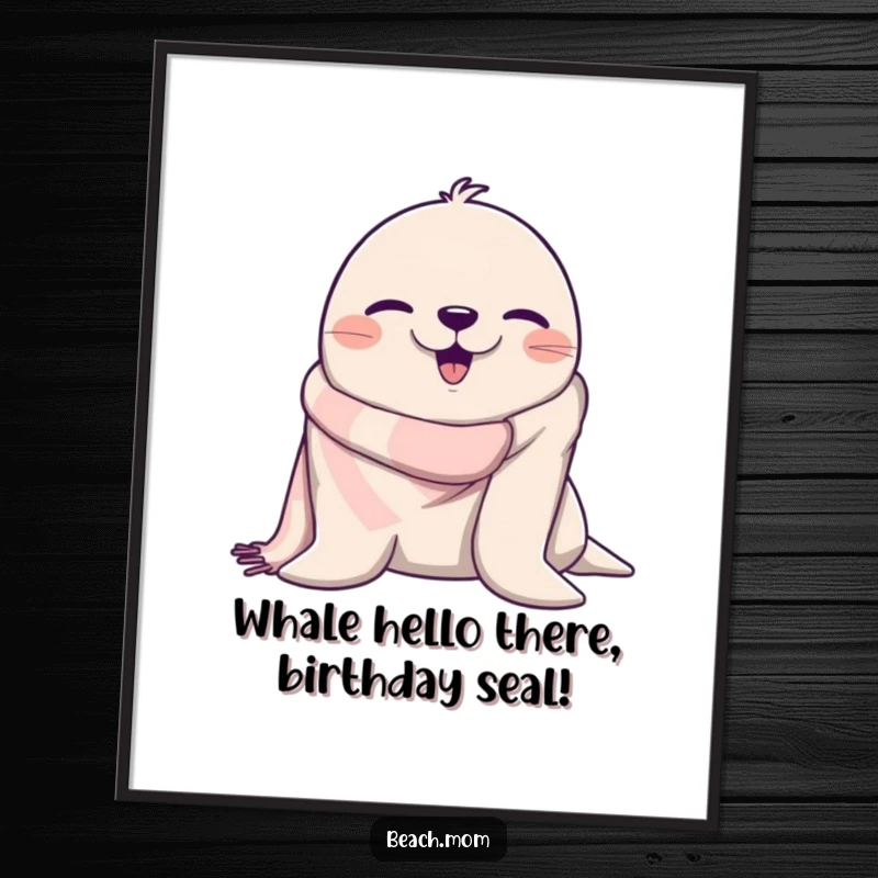 Funny Free Printable Wall Art: An adorable seal wearing a beach towel winks, exuding beachy, humorous vibes.