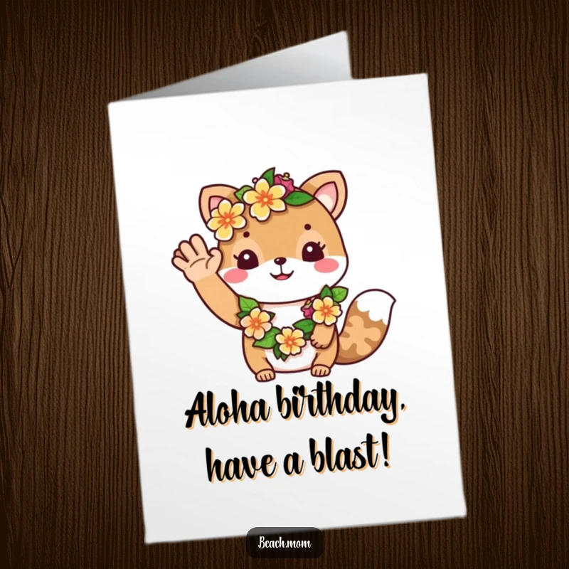 Funny Free Printable Birthday Card: Cheerful animal wearing a flower lei waving a friendly hello. Tropical DIY greeting card.