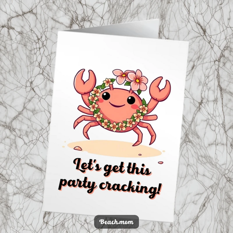 Funny Free Printable Birthday Card: A crab wearing a colorful flower lei joyfully dances on the sandy beach.
