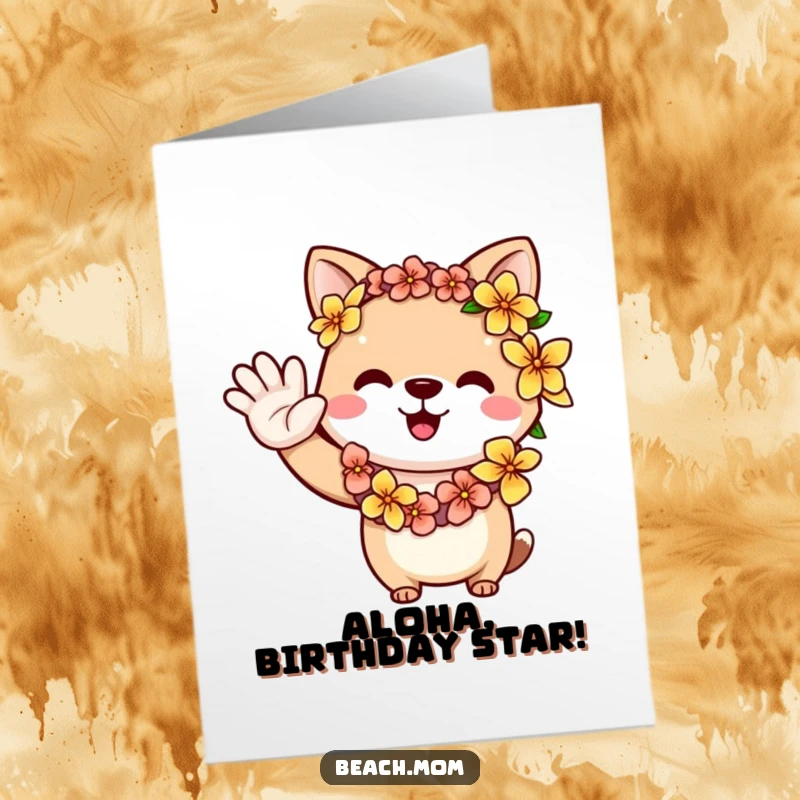 Funny Free Printable birthday card: an animal character in a flower lei waves a friendly greeting, perfect for a fun birthday.