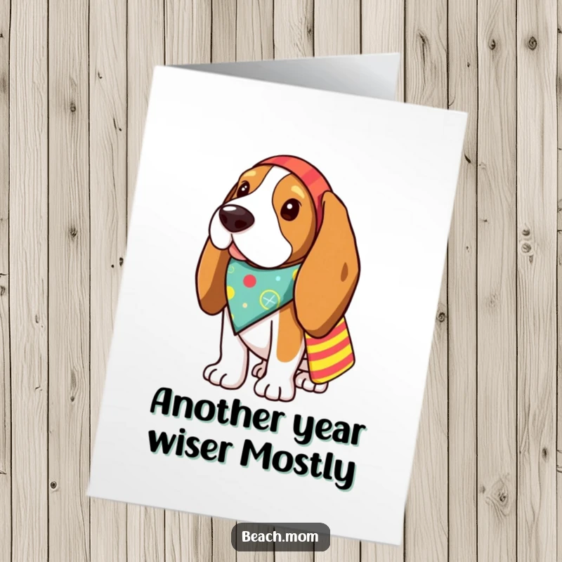 Funny Free Printable Birthday Card: Basset hound in bandana holding beach bag, ready for a hilarious celebration.