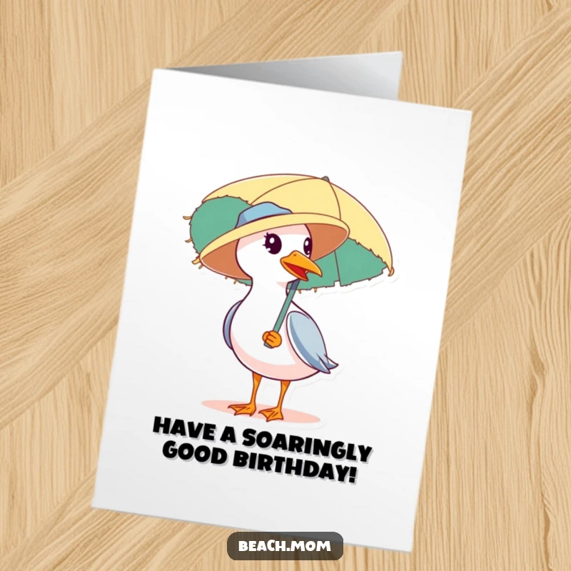 Funny Free Printable Birthday Card: A seagull in a straw hat carries a beach umbrella, ready for a sunny day.