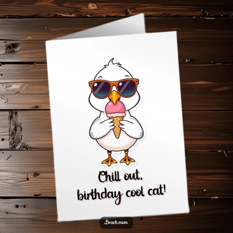 Funny Free Printable Birthday Card: A seagull in sunglasses eating ice cream, looking super cool.
