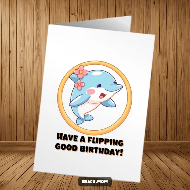 Funny free printable birthday card: A happy dolphin with a flower behind its ear joyfully jumps through a hoop, celebrating big.