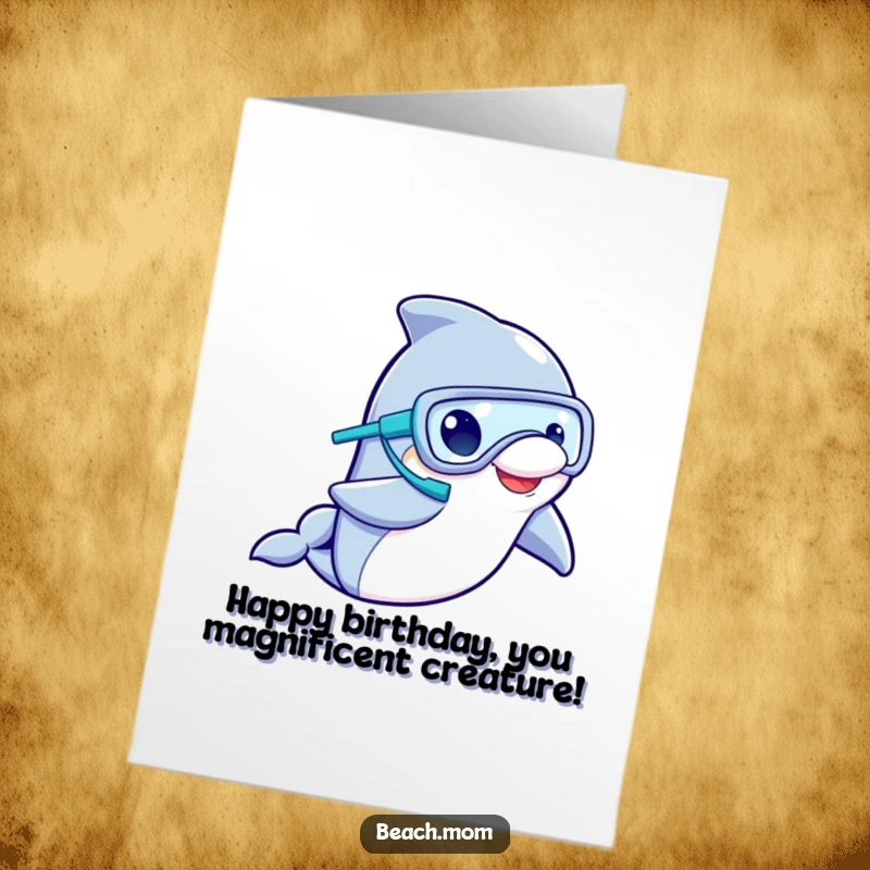 Funny Free Printable Birthday Card: A dolphin wearing a snorkel mask joyfully waves its flipper, ready for a birthday aquatic adventure.