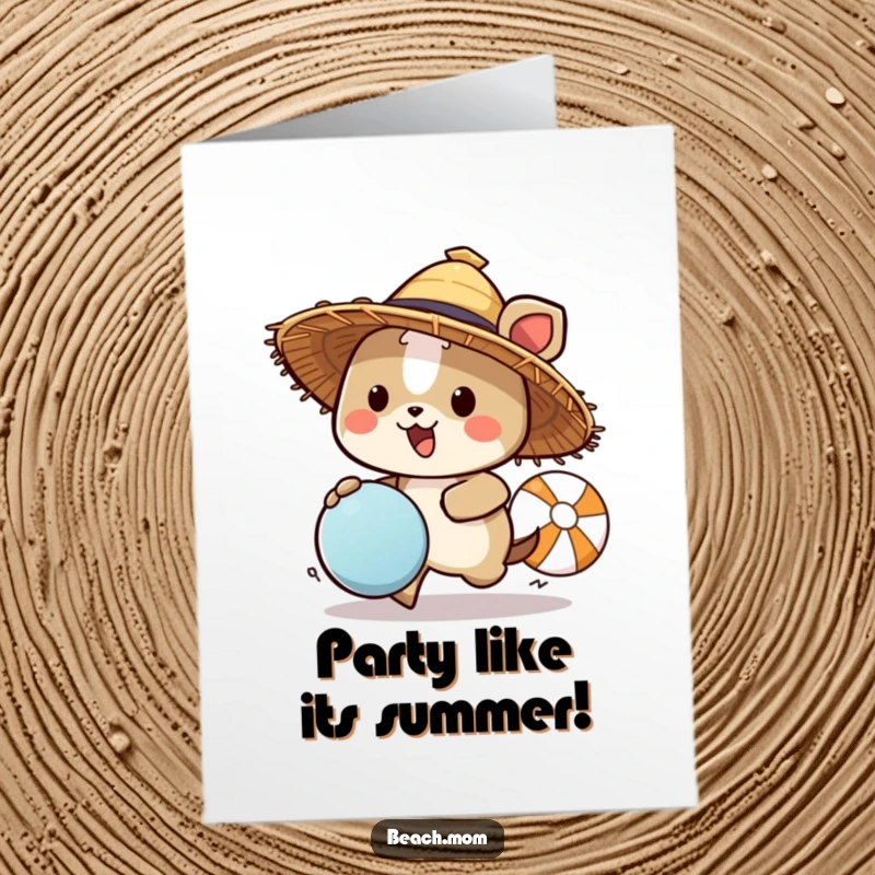 Funny Free Printable Birthday Card: Animal character in a straw hat, joyfully chasing a colorful beach ball.