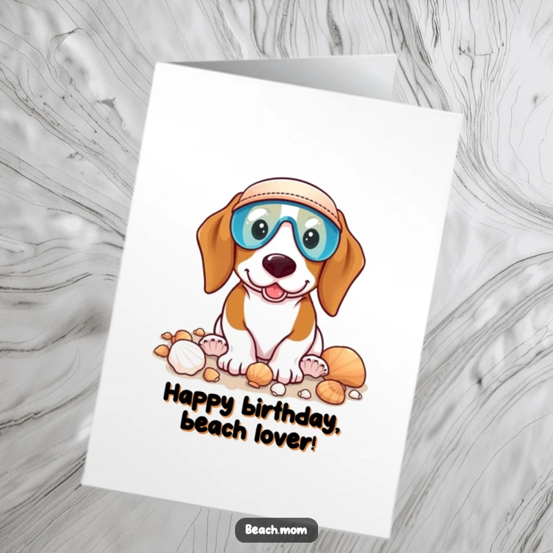 Funny Free Printable Birthday Card: Basset hound wearing a visor happily searches for seashells on the beach.
