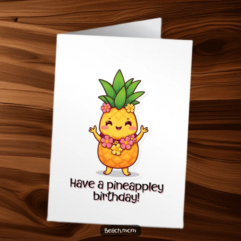 Funny Free Printable Birthday Card: A cute pineapple in a lei, doing the hula with island spirit.