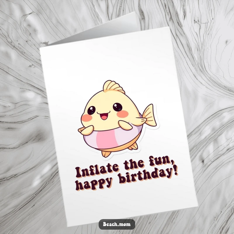 Funny Free Printable Birthday Card: Pufferfish in a floatie, inflating with pure joy and excitement for a birthday celebration.