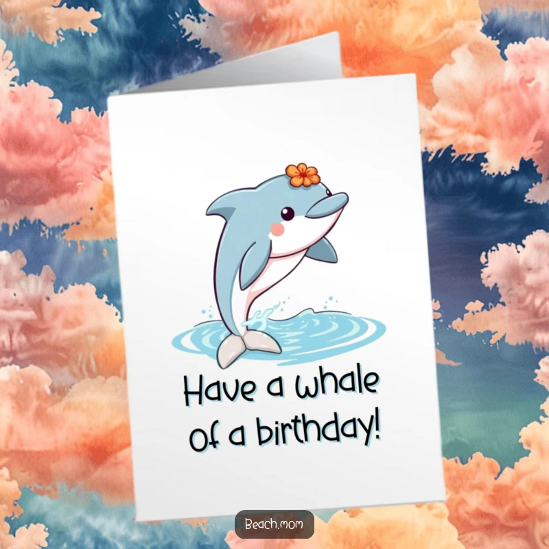 Funny Free Printable Birthday Card: A playful dolphin wearing a lei jumps joyfully out of the water for a birthday wish.