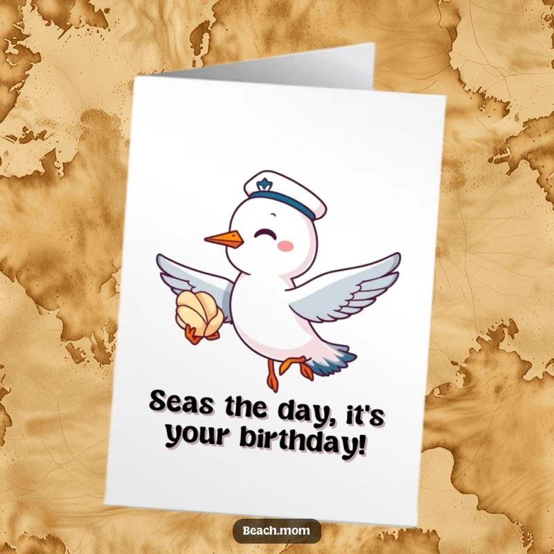 Funny Free Printable Birthday Card: A giggling seagull in a sailor cap flies with a seashell for a birthday.