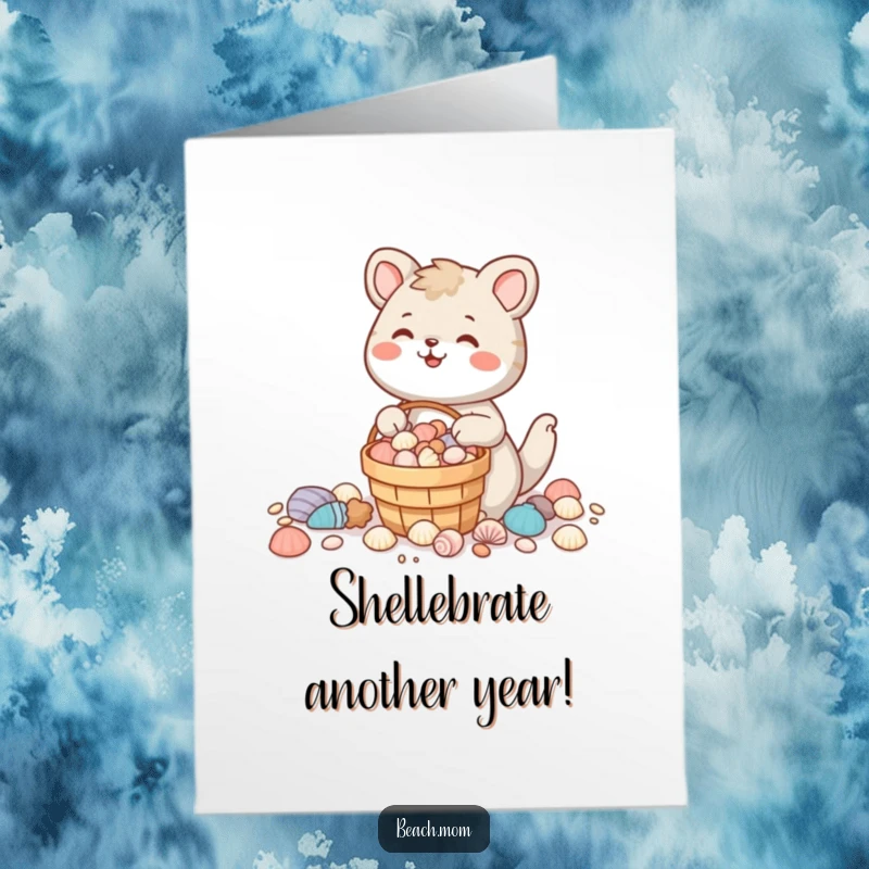 Funny Free Printable birthday card: an animal character with a full bucket of seashells smiles, celebrating with beachy joy.