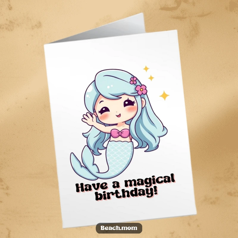 Funny Free Printable Birthday Card: Cute Kawaii mermaid with a sparkling tail waves hello from the ocean.