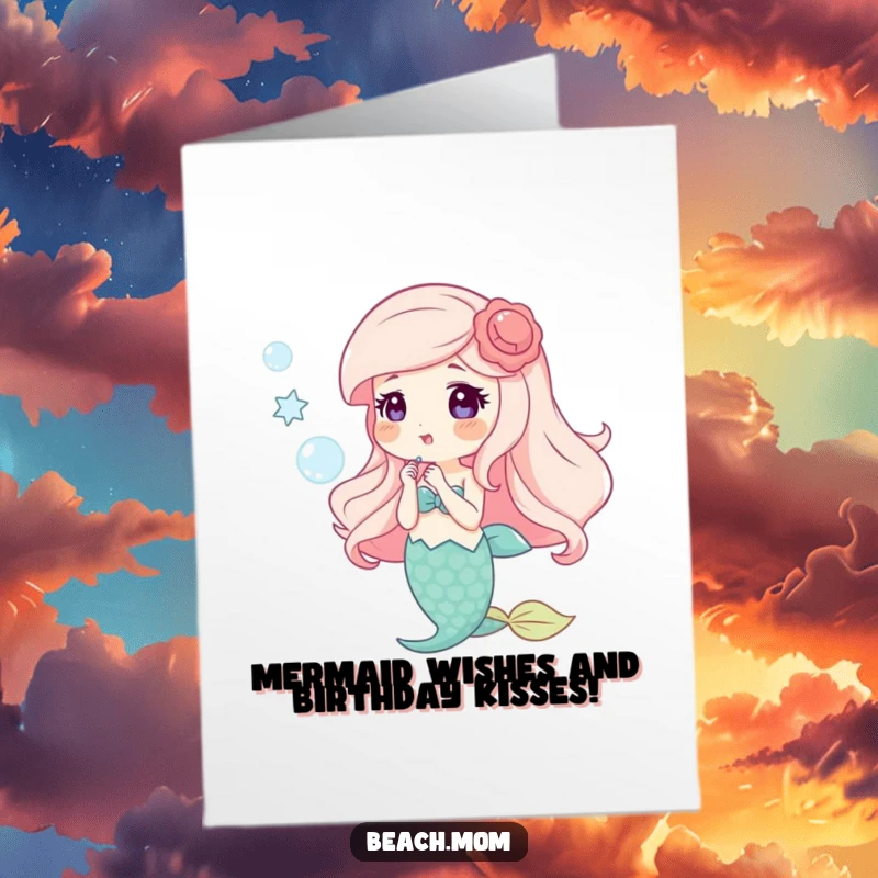 Funny Free Printable Birthday Card: Happy mermaid blowing bubbles, decorated with shells. Magical and downloadable.