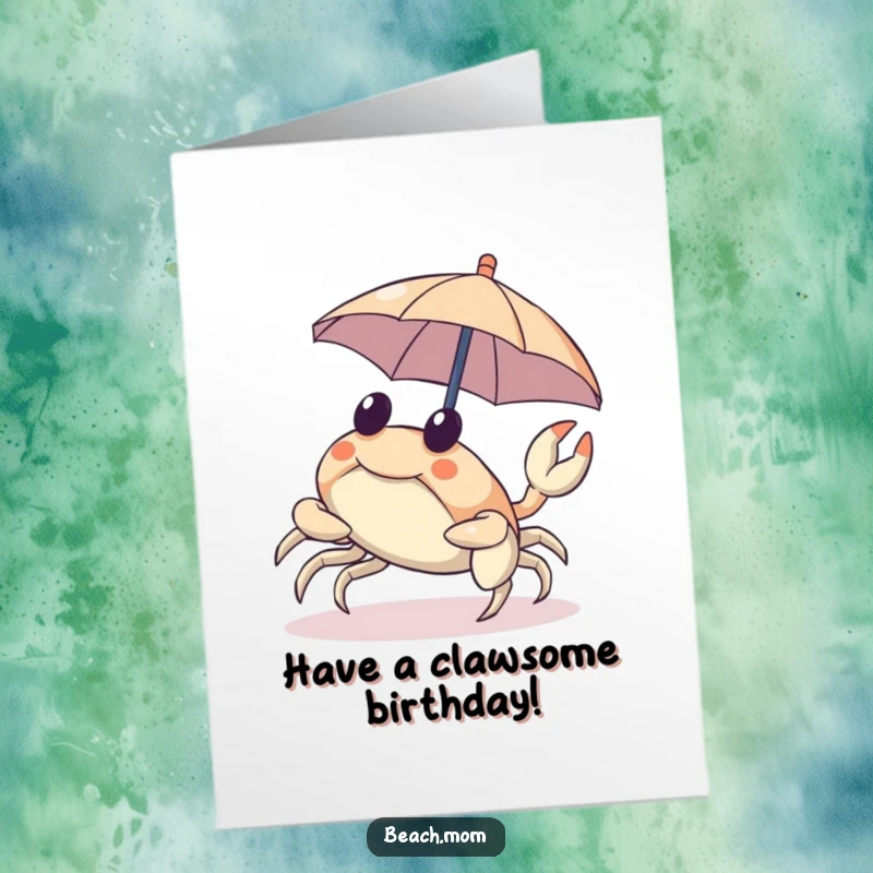 Funny Free Printable Birthday Card: A cheerful crab scuttles sideways holding a tiny umbrella, celebrating a birthday party.