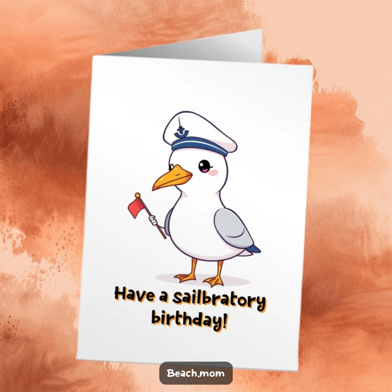 Funny Free Printable Birthday Card: A gull in a sailor hat holds a tiny flag, ready to celebrate your birthday.