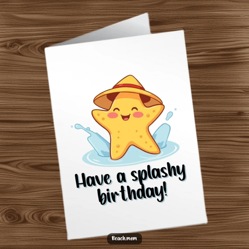 Funny Free Printable Birthday Card: A cheerful starfish wearing a sunhat playfully splashing water with excitement.