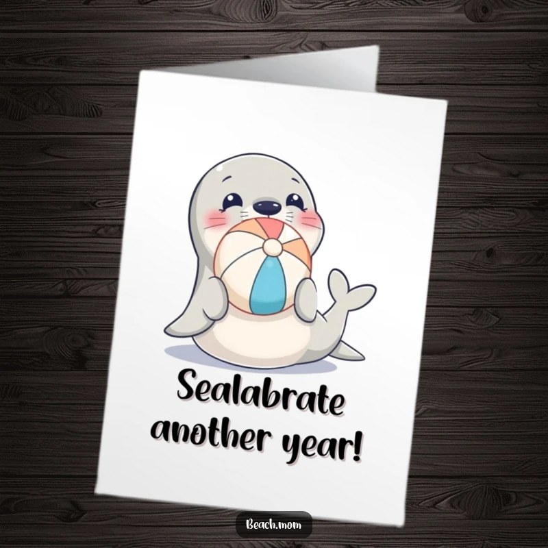 Funny Free Printable Birthday Card of a smiling seal expertly balancing a beach ball on its nose, ready to celebrate.