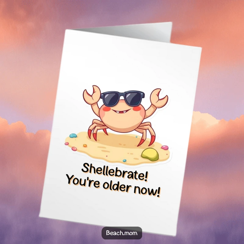 Funny Free Printable Birthday Card: A cool crab in sunglasses scuttling on colorful sand wishing a happy birthday.