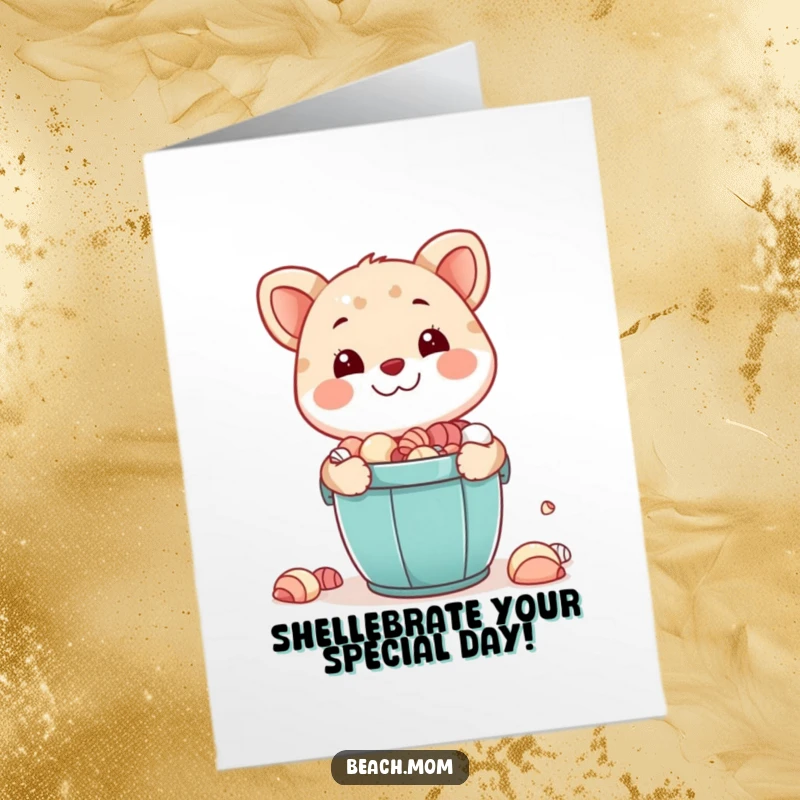Funny Free Printable Birthday Card: Happy animal smiling with a bucket full of seashells. Beach treasure DIY card.