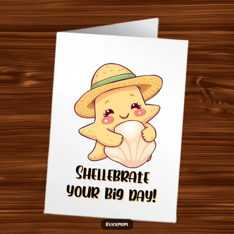 Funny free printable birthday card: A smiling starfish in a straw hat happily hugs a beautiful seashell, sending birthday cheer.