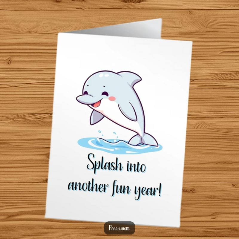 Funny Free Printable Birthday Card: A playful dolphin grins widely while leaping high out of the blue water.