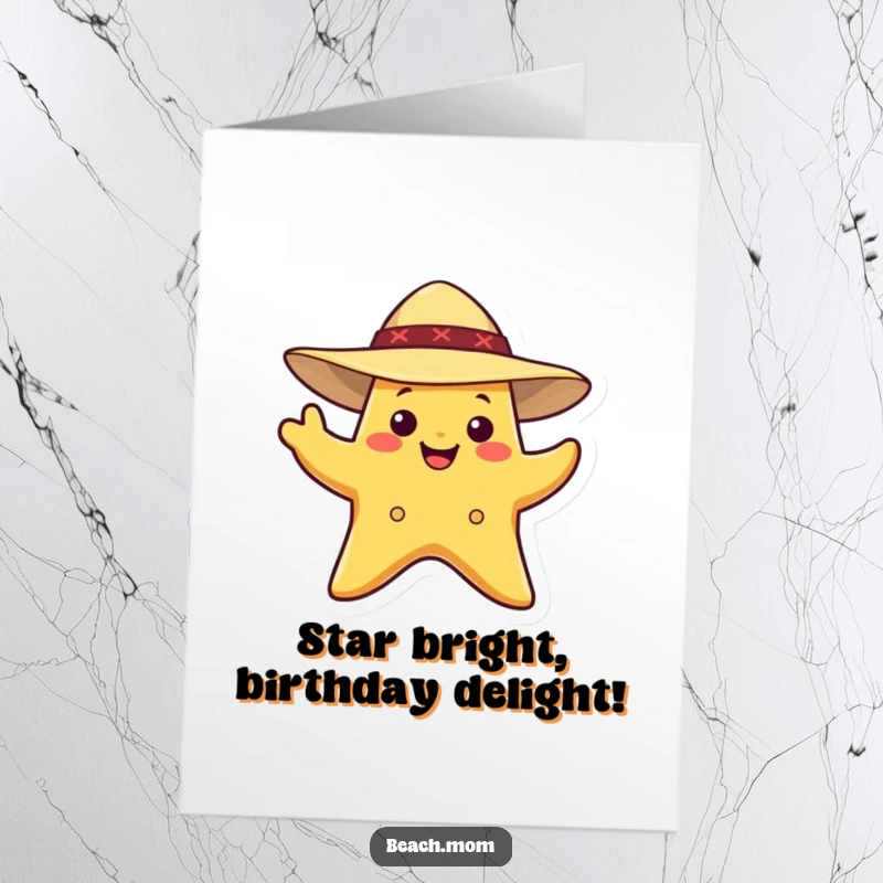 Funny Free Printable Birthday Card: A smiling starfish in a sun hat waves happily, sending birthday wishes from the beach.