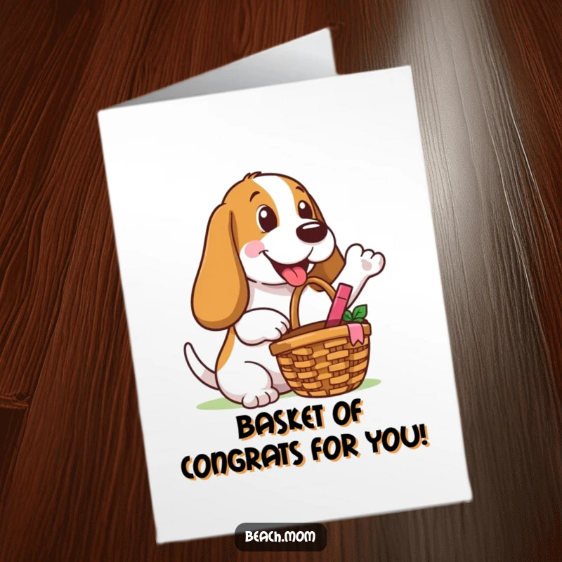 Funny free printable congratulations card showing a happy Basset Hound with a picnic basket, ready to share.