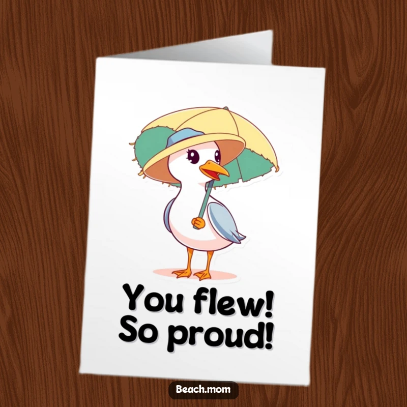Funny Free Printable Congratulations Card: A seagull sporting a straw hat carries a beach umbrella, celebrating your win.