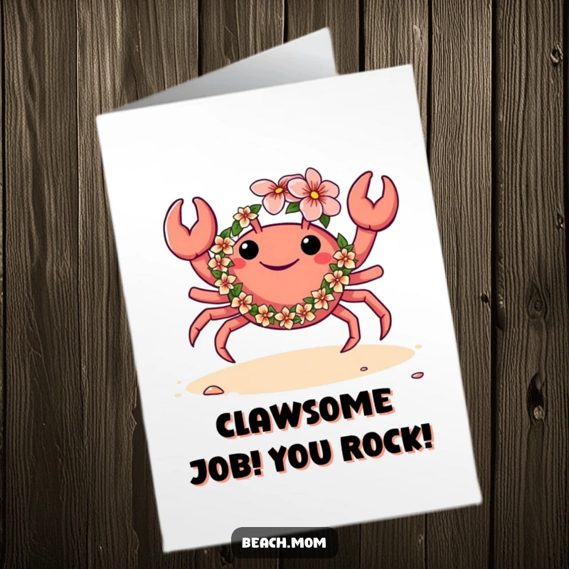 Funny Free Printable Congratulations Card: A crab adorned with a flower lei dances happily on the beach sand.