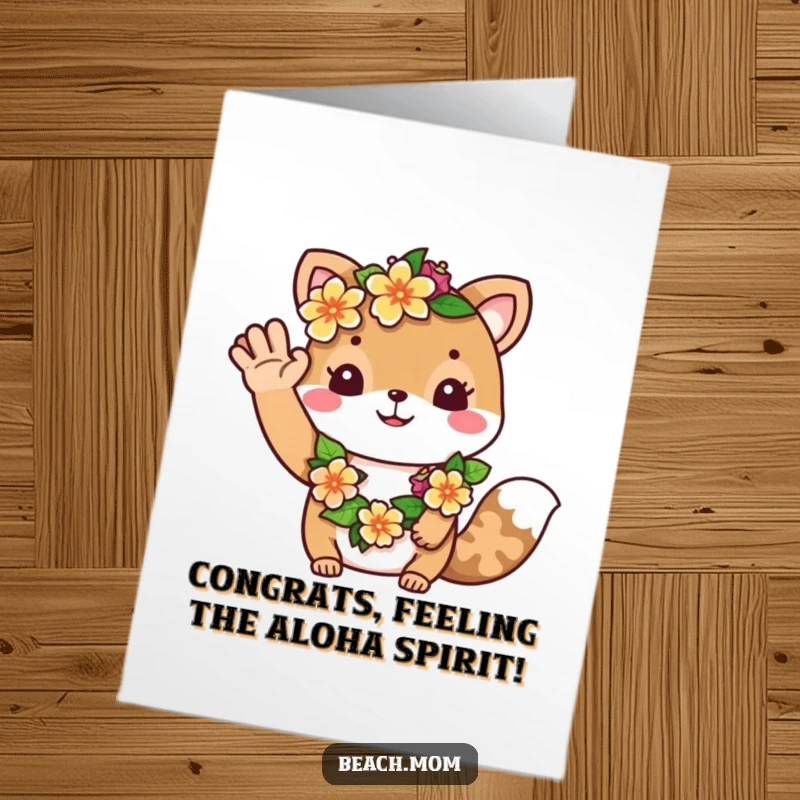 Funny Free Printable Congratulations Card: Happy animal in a flower lei waving a warm greeting. Festive downloadable congratulations.
