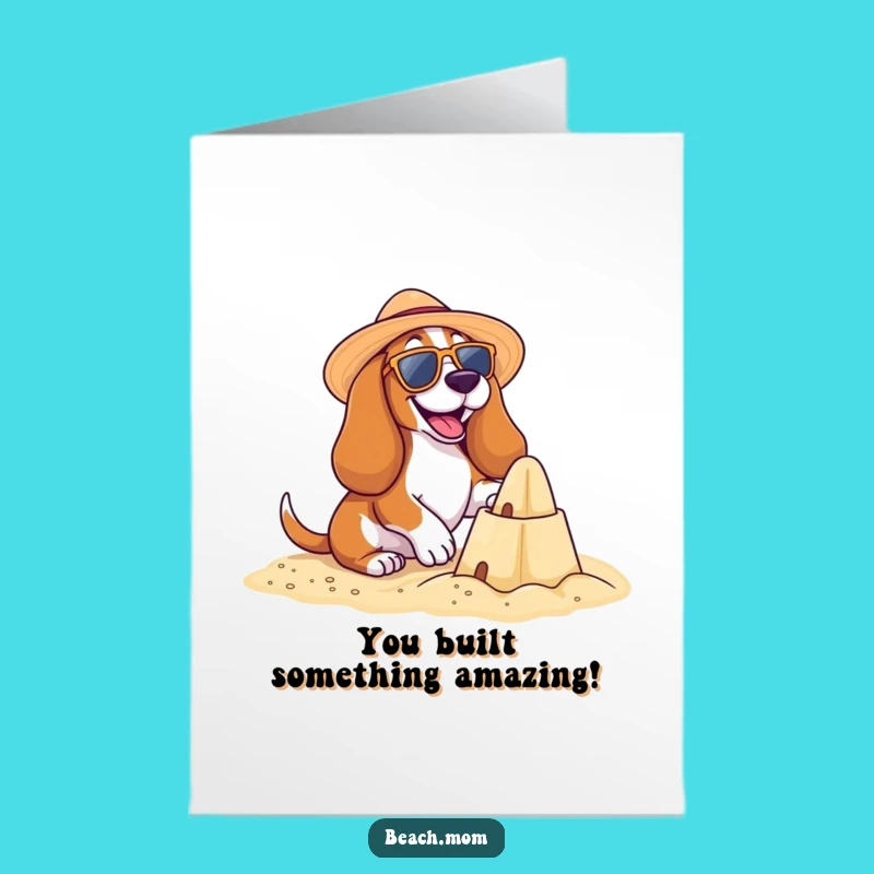 Free Printable Basset Hound Beach Congrats Card: Funny Pup Sandcastle Download