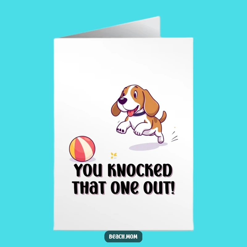Free Printable Basset Hound Congrats Card: Beach Dog Ball Chase