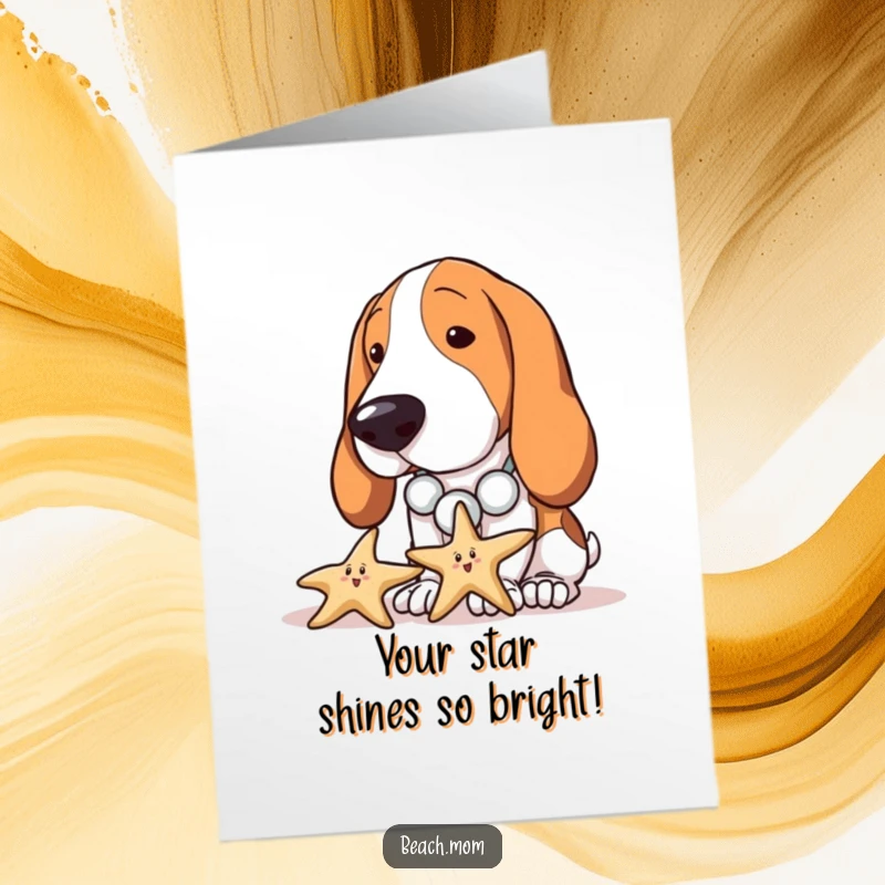 Funny Free Printable Congrats Card: Basset Hound with seashell necklace curiously inspecting a starfish